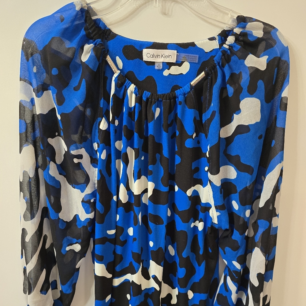 Calvin Klein Vibrant Blue Patterned Top Xs Sheer Sleeves